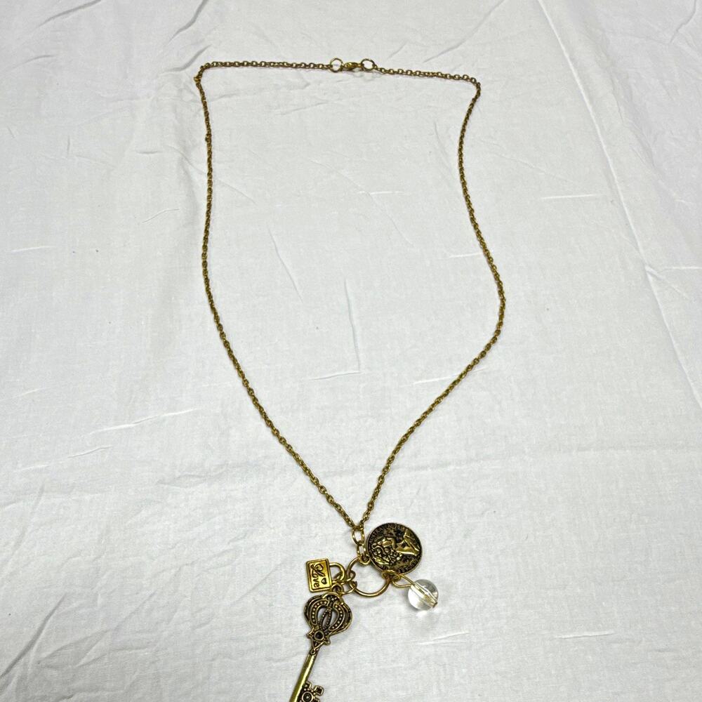 Gold Tone Cable Chain Charm Necklace Key Love Coin Clear Glass Bead Lobster